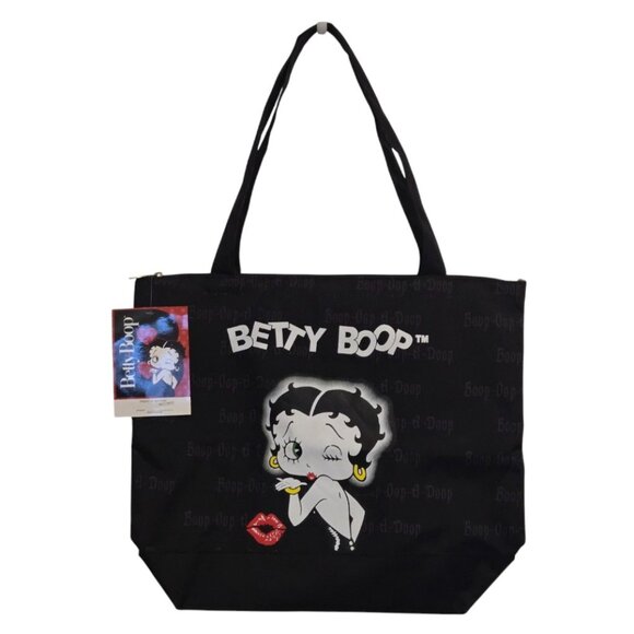 Betty Boop Black Tote Bag with Pouch & Zipper Retro Cartoon Print Lining C cicip - Picture 1 of 7